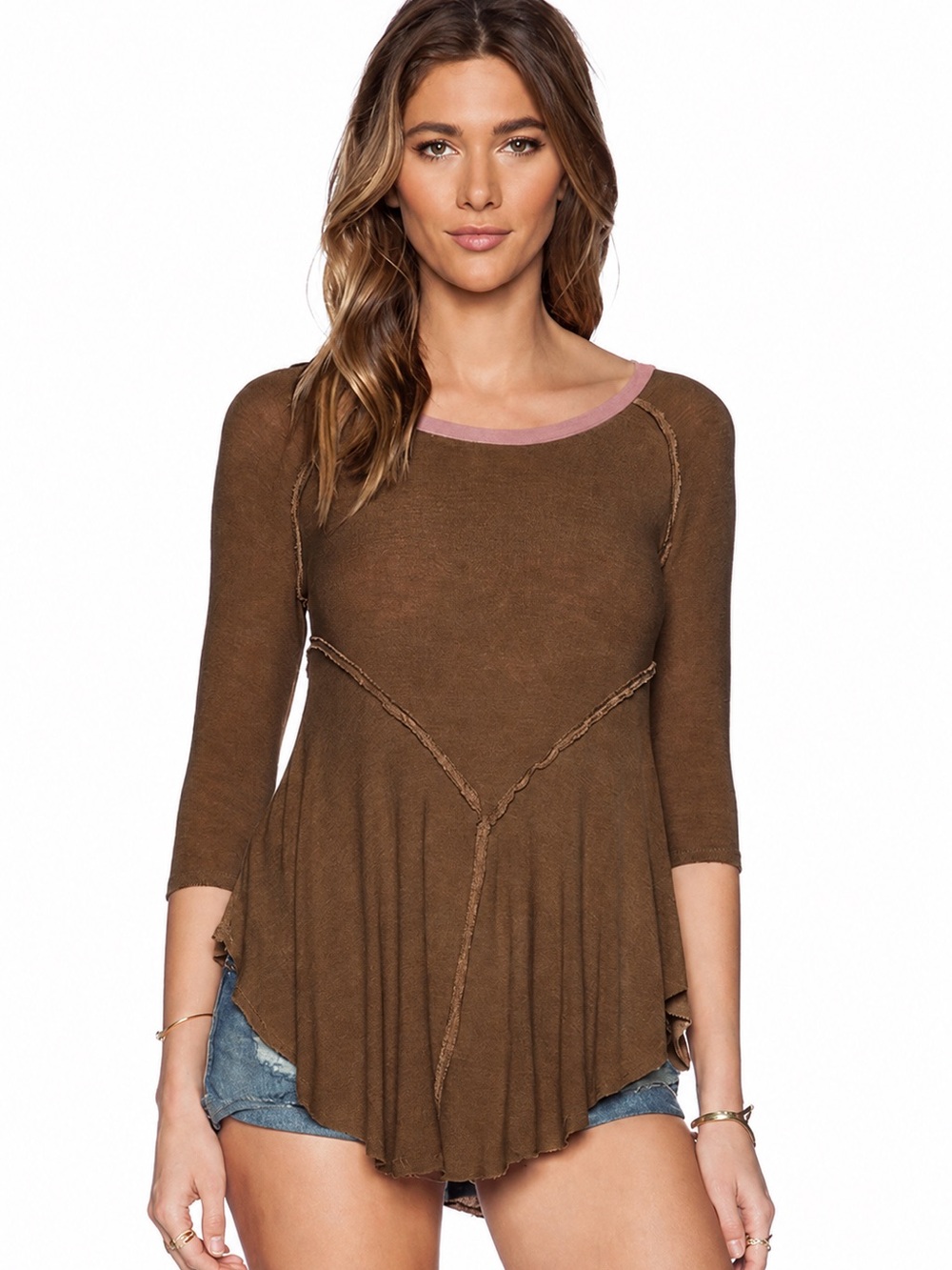 Intimately Free People XS Brown Asymmetrical Exposed Seam Tunic Top Boho